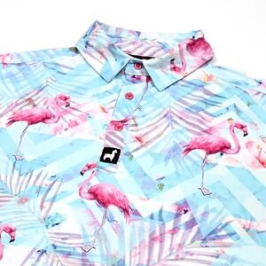 Lofty Llama Performance Golf Polo Mens Medium‎ Flamingo Geometric AOP Stretch